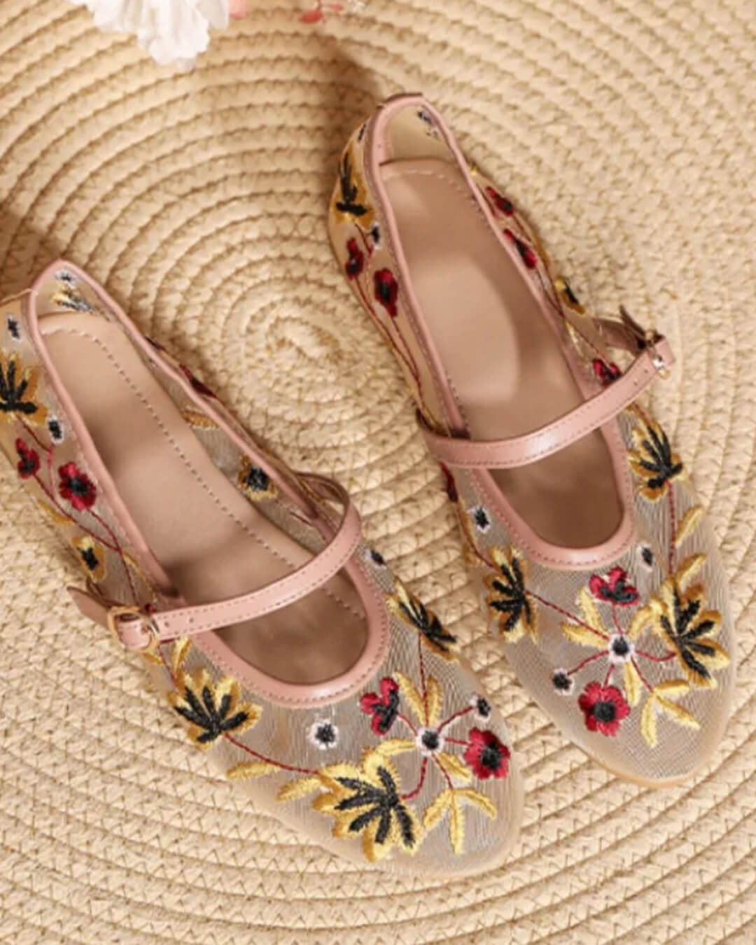 Women's Embroidered Mary Jane Flats with Floral Detail - Apricot