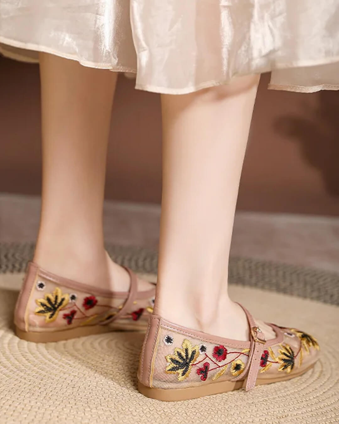 Women's Embroidered Mary Jane Flats with Floral Detail - Apricot