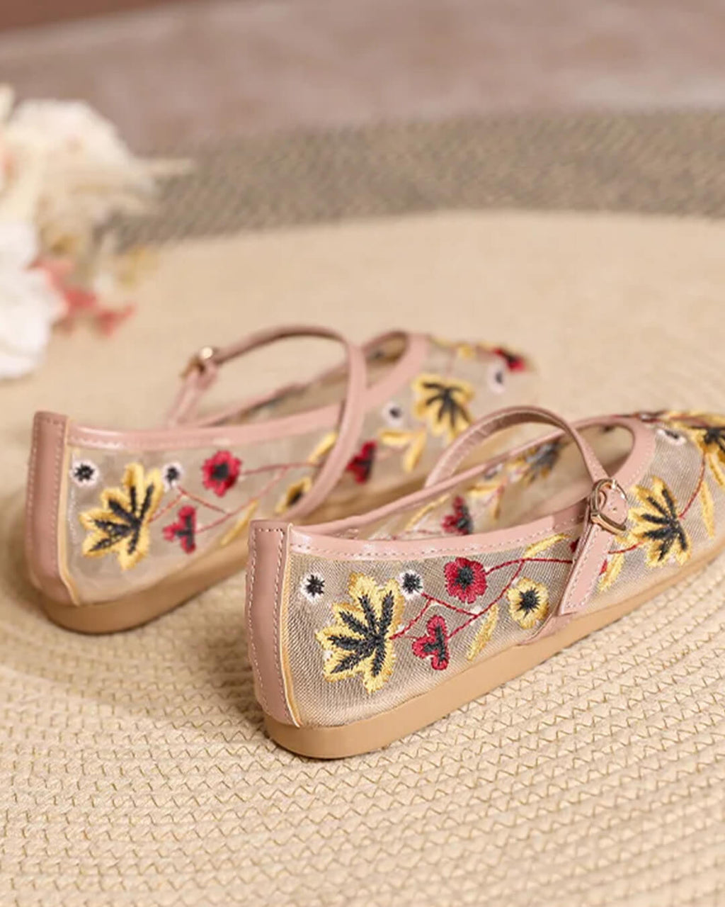 Women's Embroidered Mary Jane Flats with Floral Detail - 7