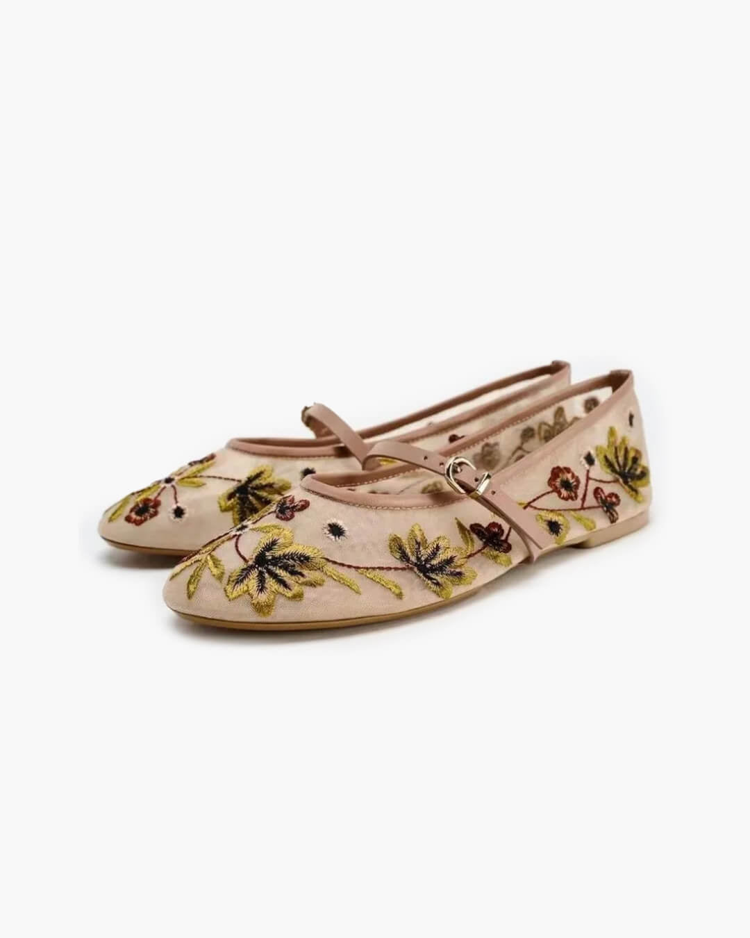 Women's Embroidered Mary Jane Flats with Floral Detail - Apricot