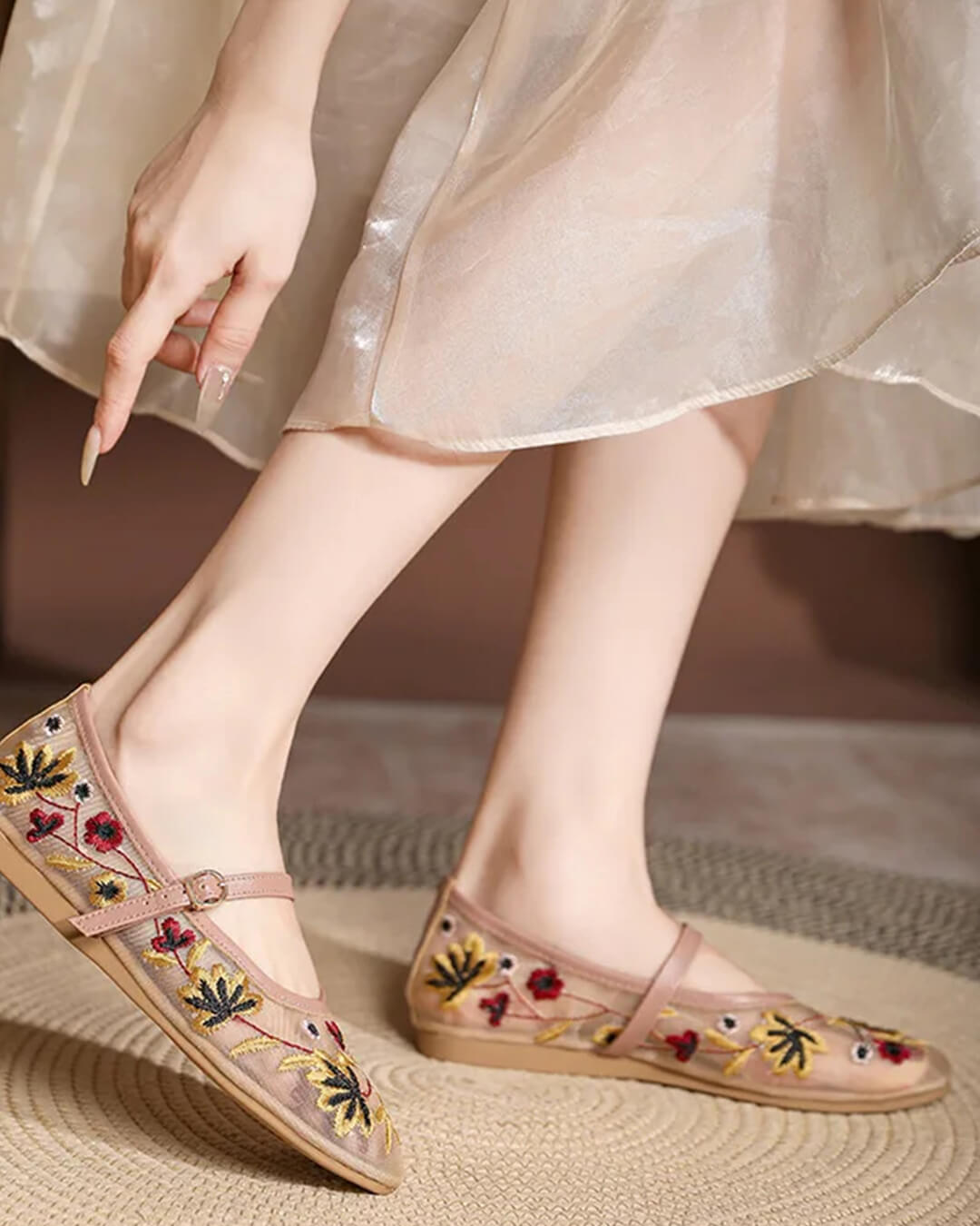 Women's Embroidered Mary Jane Flats with Floral Detail - Apricot