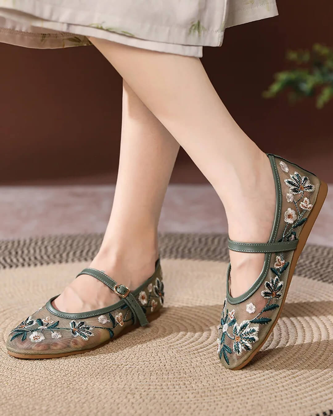 Women's Embroidered Mary Jane Flats with Floral Detail - Green