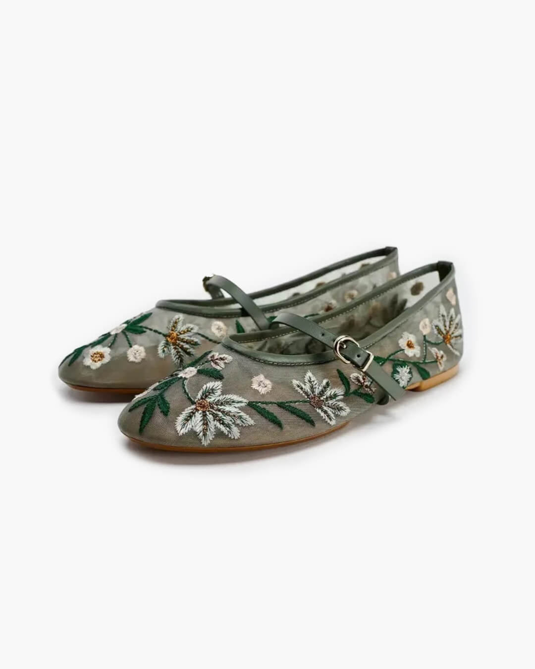 Women's Embroidered Mary Jane Flats with Floral Detail - Green