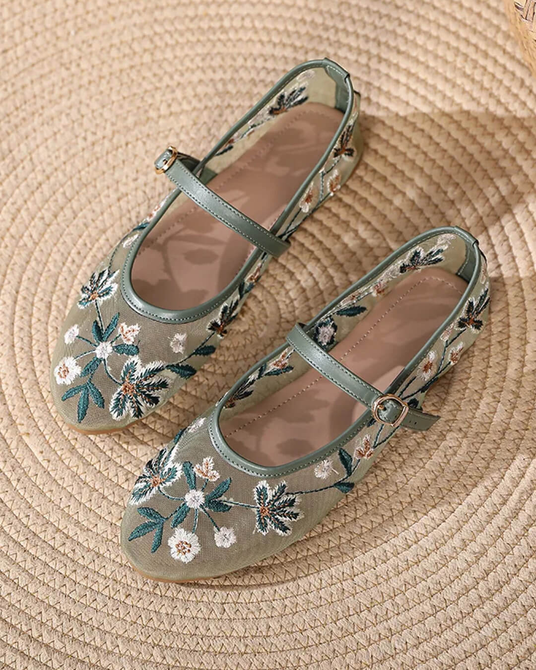 Women's Embroidered Mary Jane Flats with Floral Detail - Green