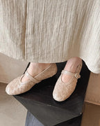 Women's Woven Mary Jane Flats with Bow Strap - Beige