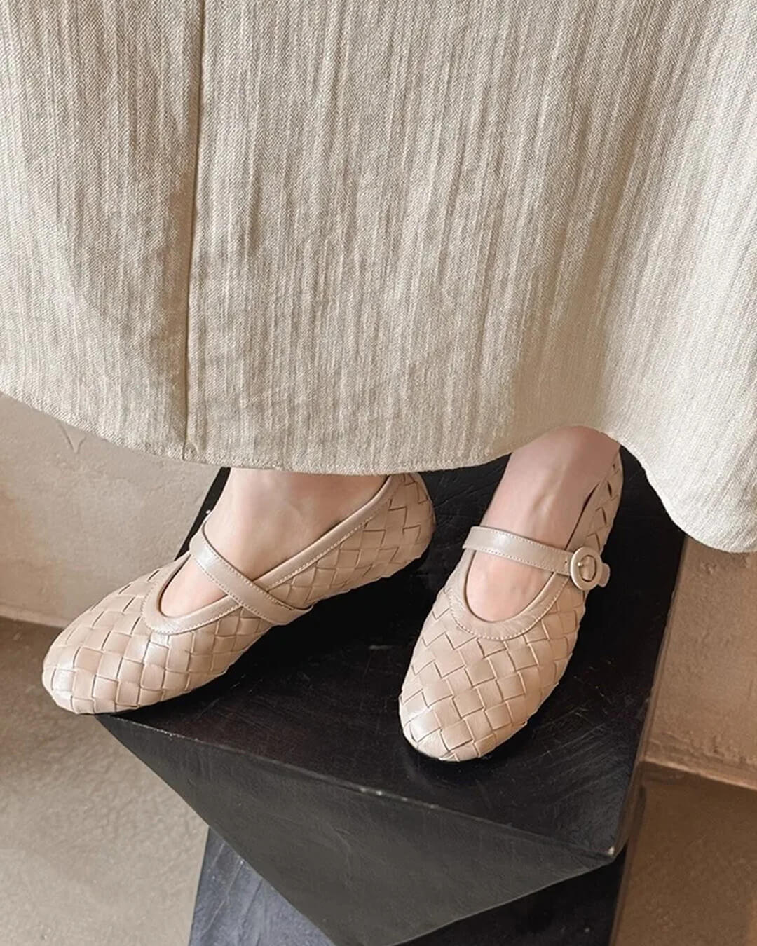 Women's Woven Mary Jane Flats with Bow Strap - Beige