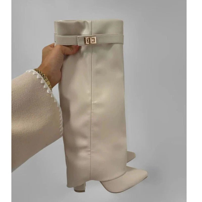 Women's High Boots with Fold-Over Cuff and Pointed Toe - Beige Leather