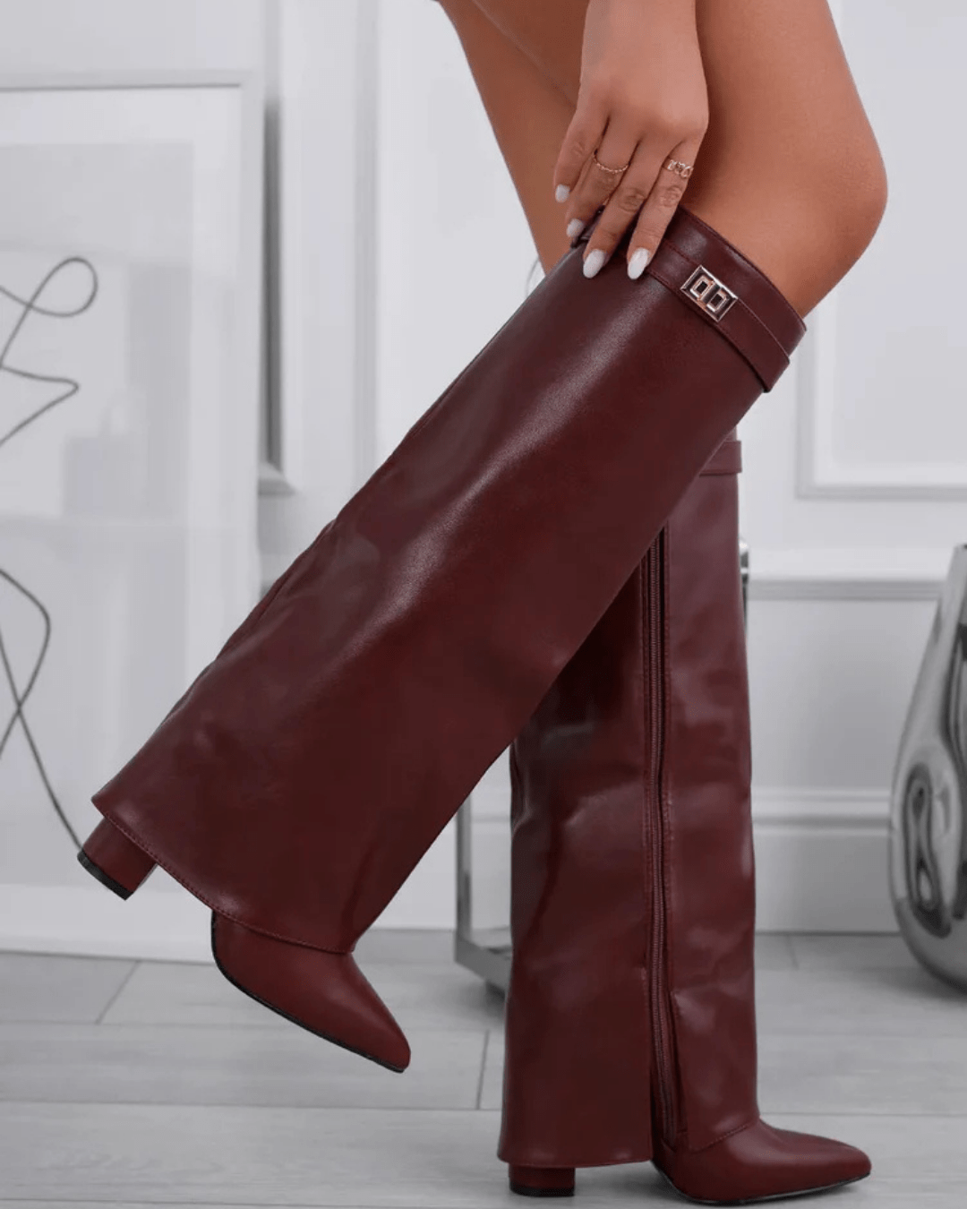 Women's High Boots with Fold-Over Cuff and Pointed Toe - Burgundy Leather