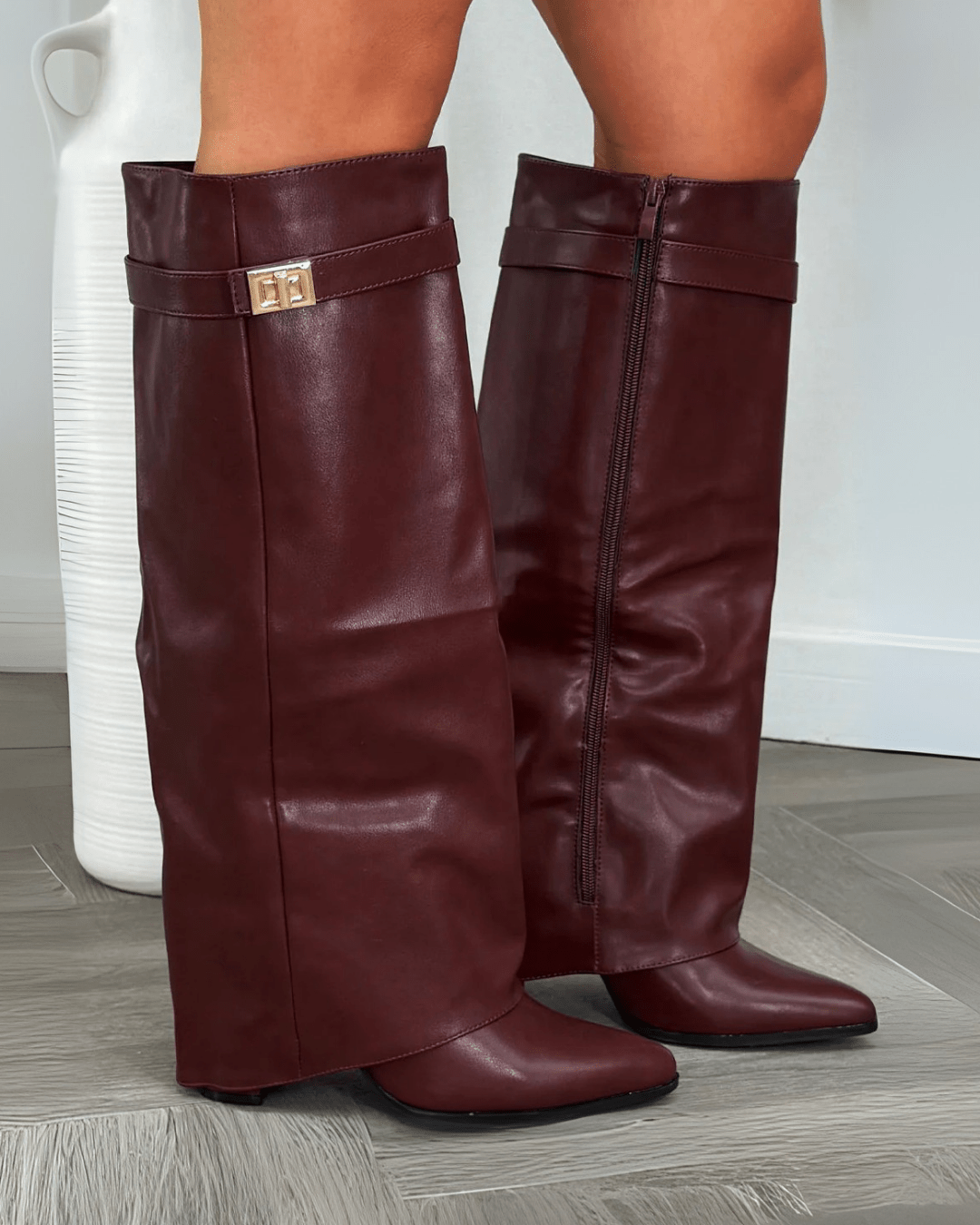 Women's High Boots with Fold-Over Cuff and Pointed Toe - Burgundy Leather