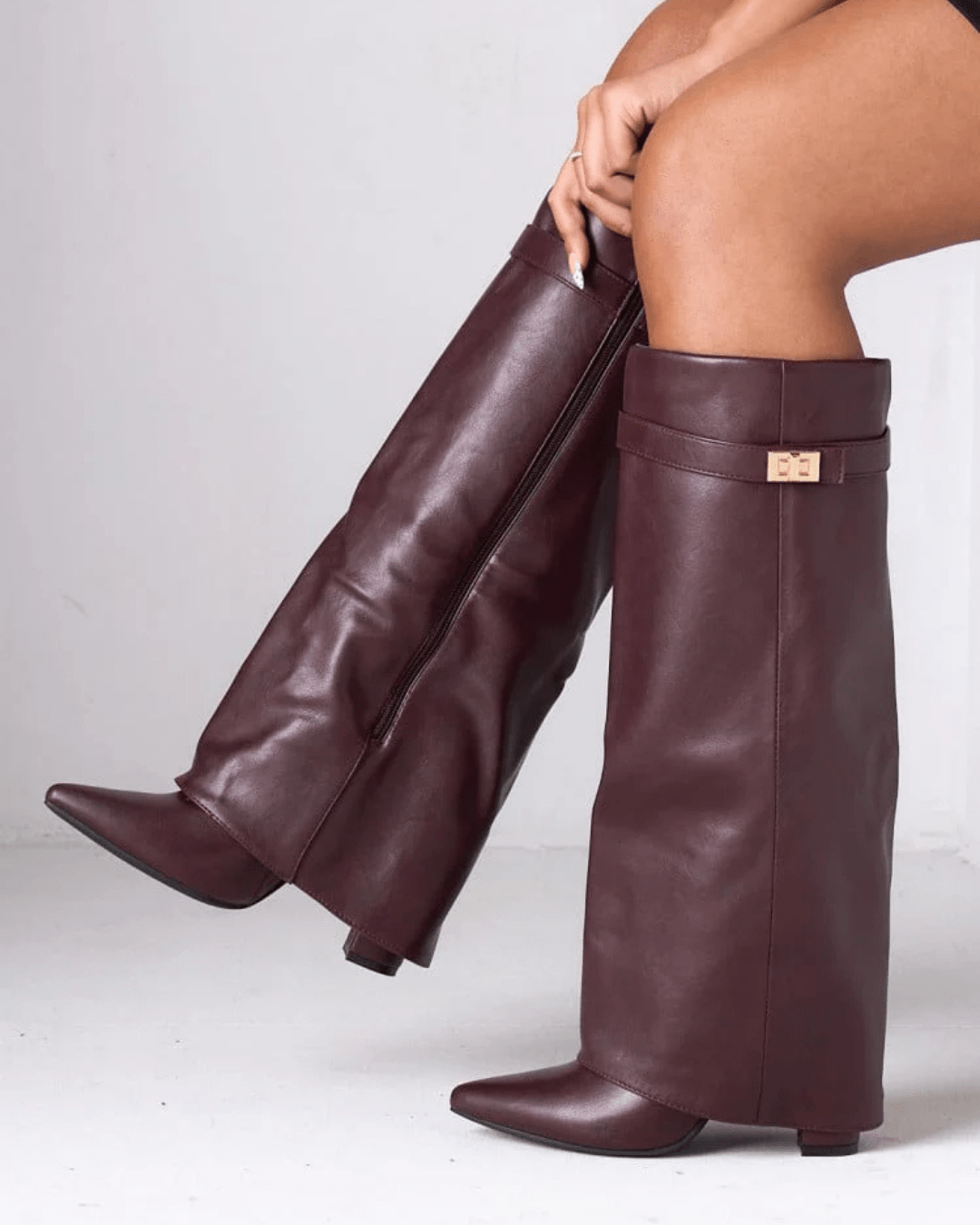 Women's High Boots with Fold-Over Cuff and Pointed Toe - Burgundy Leather