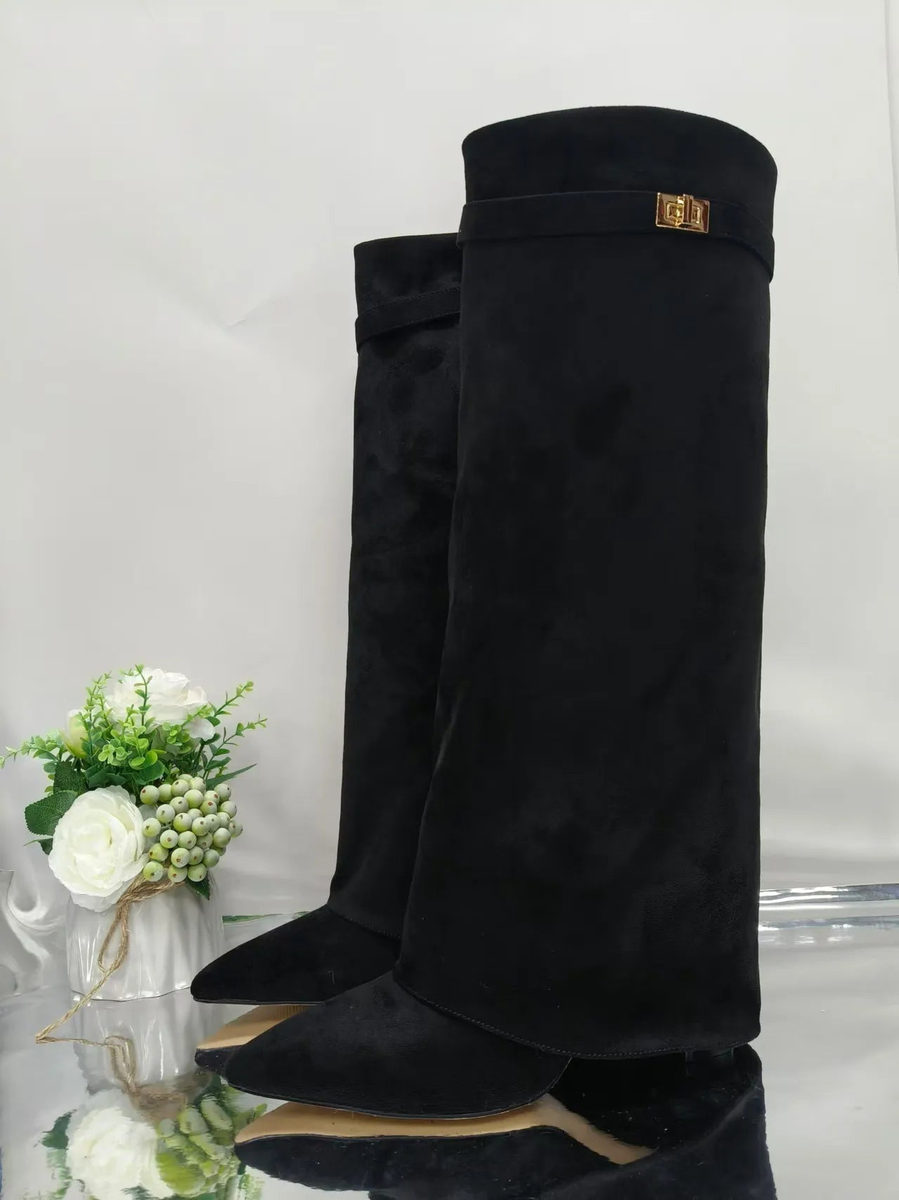 Women's High Boots with Fold-Over Cuff and Pointed Toe - Black Suede
