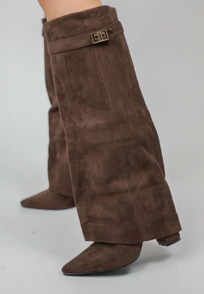 Women's High Boots with Fold-Over Cuff and Pointed Toe - Brown Suede