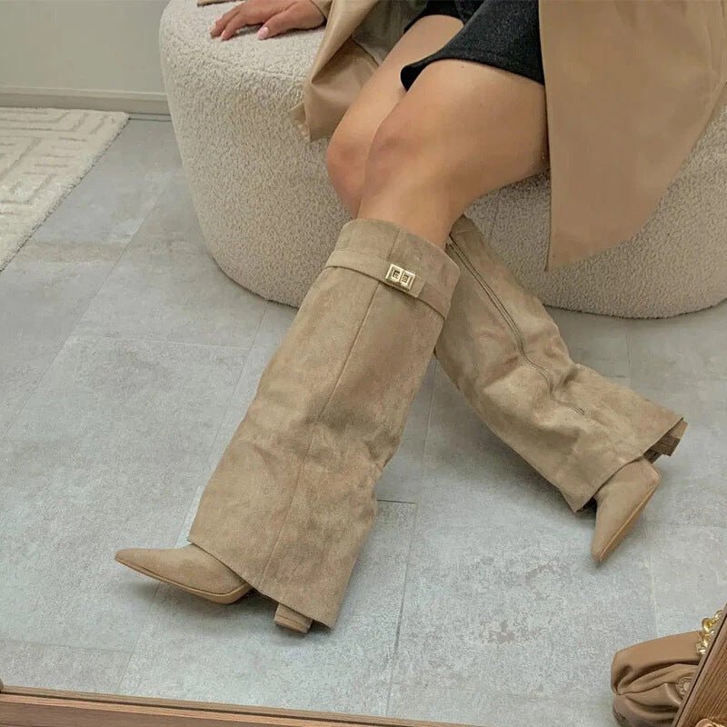 Women's High Boots with Fold-Over Cuff and Pointed Toe - 3