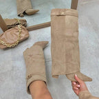 Women's High Boots with Fold-Over Cuff and Pointed Toe - Beige Suede