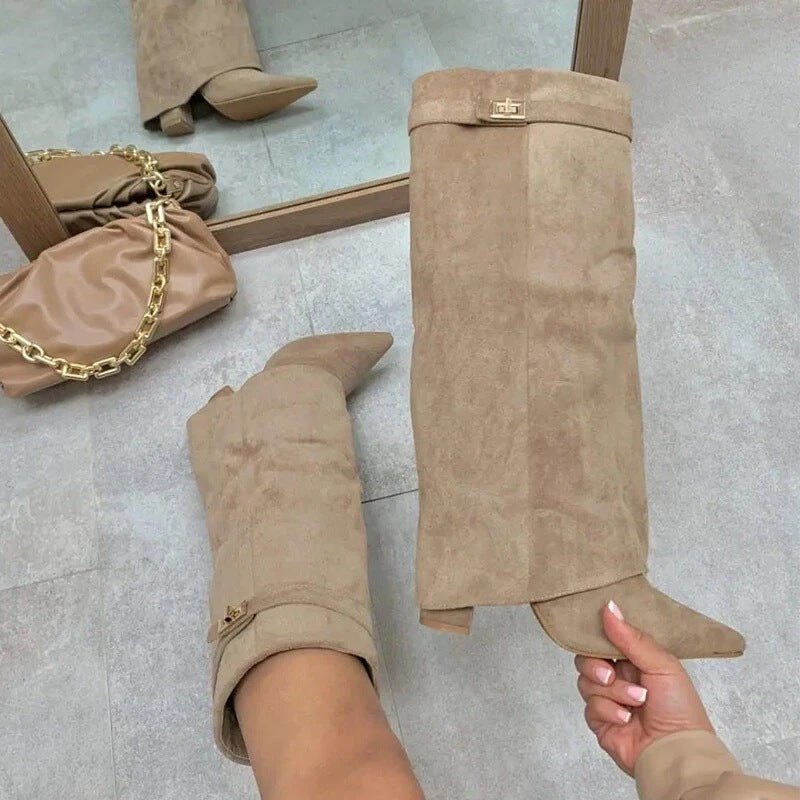 Women's High Boots with Fold-Over Cuff and Pointed Toe - Beige Suede