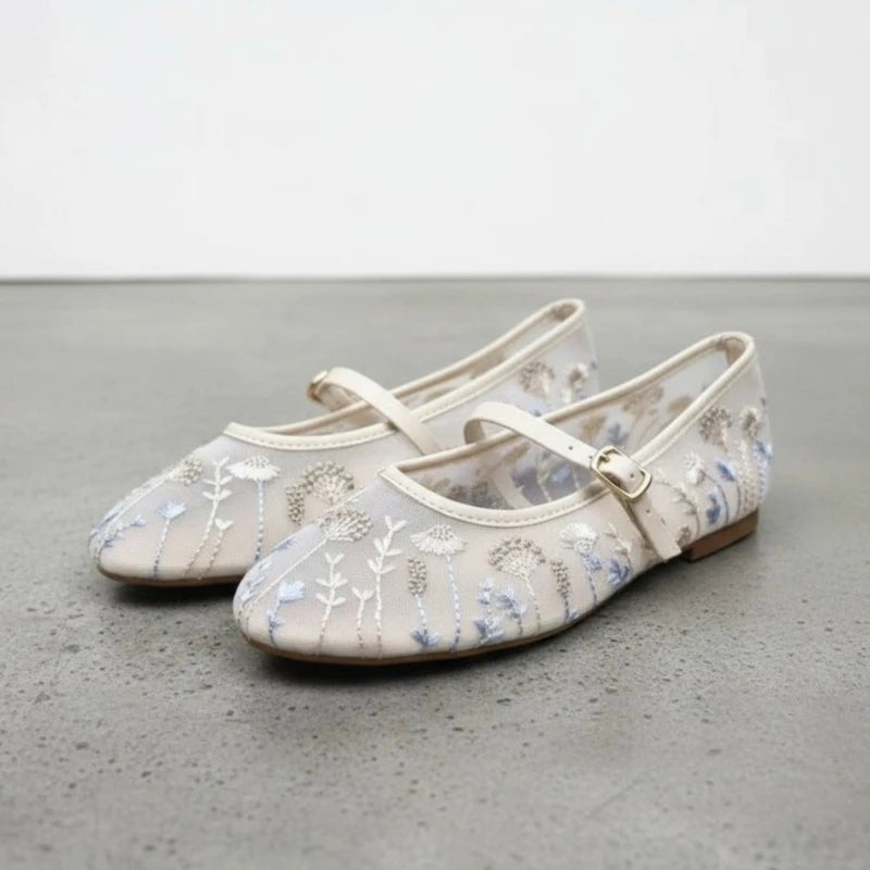 Women's Ballet Flats with Floral Embroidery and Buckle Strap - 2