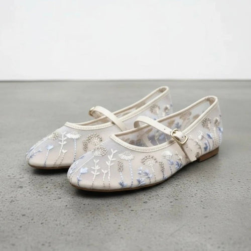 Women's Ballet Flats with Floral Embroidery and Buckle Strap - 2