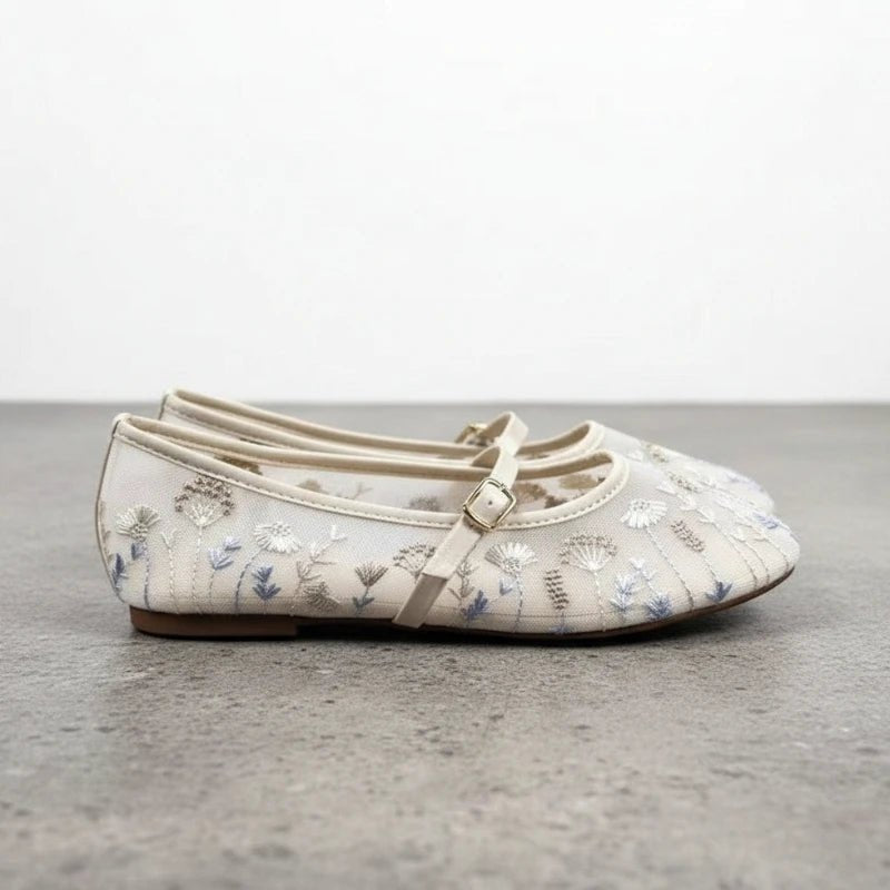 Women's Ballet Flats with Floral Embroidery and Buckle Strap - 5