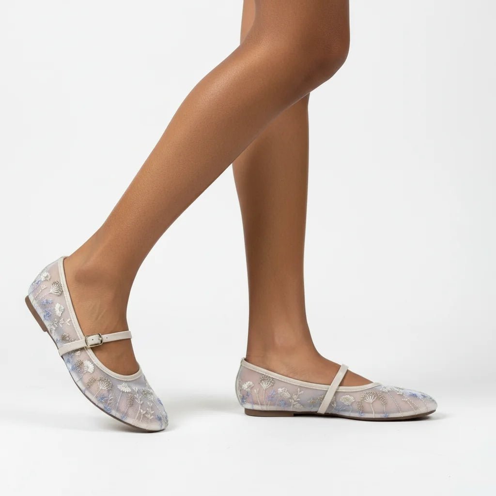 Women's Ballet Flats with Floral Embroidery and Buckle Strap - 3