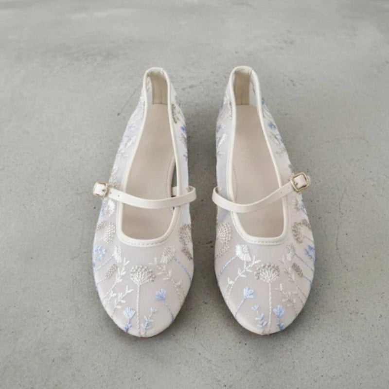 Women's Ballet Flats with Floral Embroidery and Buckle Strap - 4