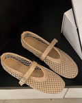 Women's Mesh Mary Jane Ballet Flats with Buckle Strap - Beige