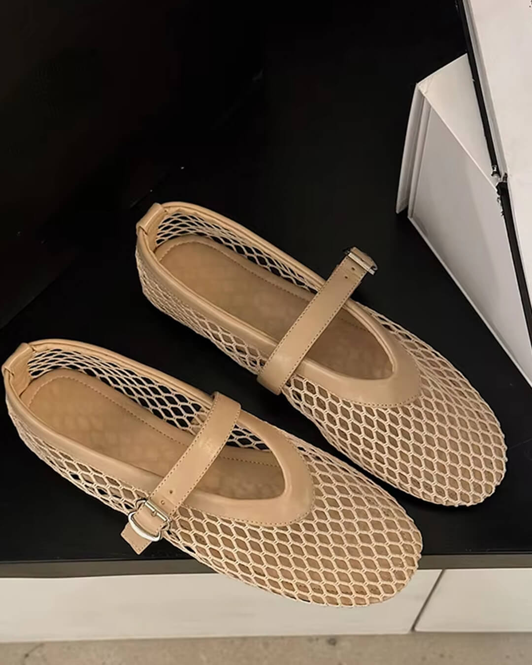 Women's Mesh Mary Jane Ballet Flats with Buckle Strap - Beige