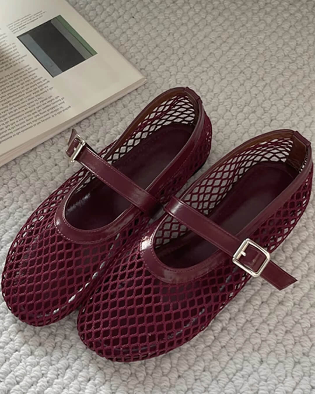 Women's Mesh Mary Jane Ballet Flats with Buckle Strap - Burgundy