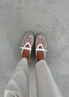 Women's Mesh Mary Jane Ballet Flats with Buckle Strap - White