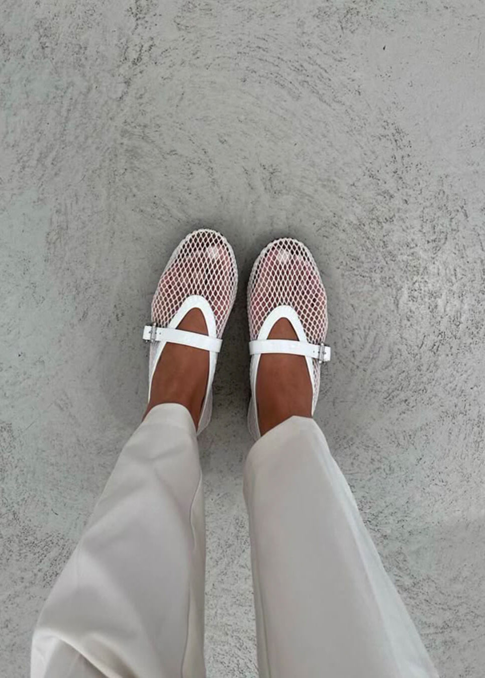Women's Mesh Mary Jane Ballet Flats with Buckle Strap - White