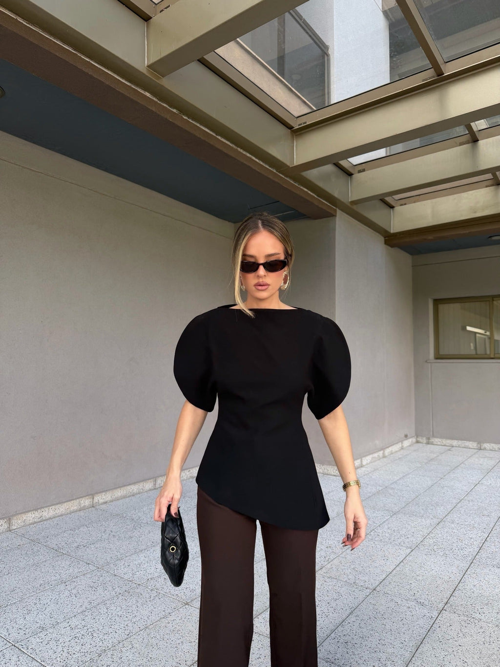 Women's Balloon Sleeve Top with Boat Neck and Fine Knit Finish - 14