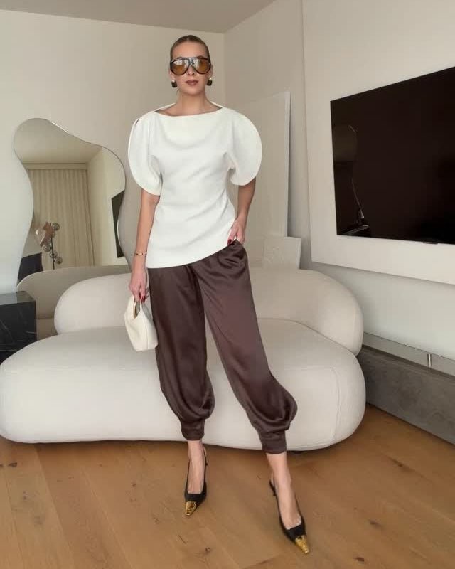 Women's Balloon Sleeve Top with Boat Neck and Fine Knit Finish - White