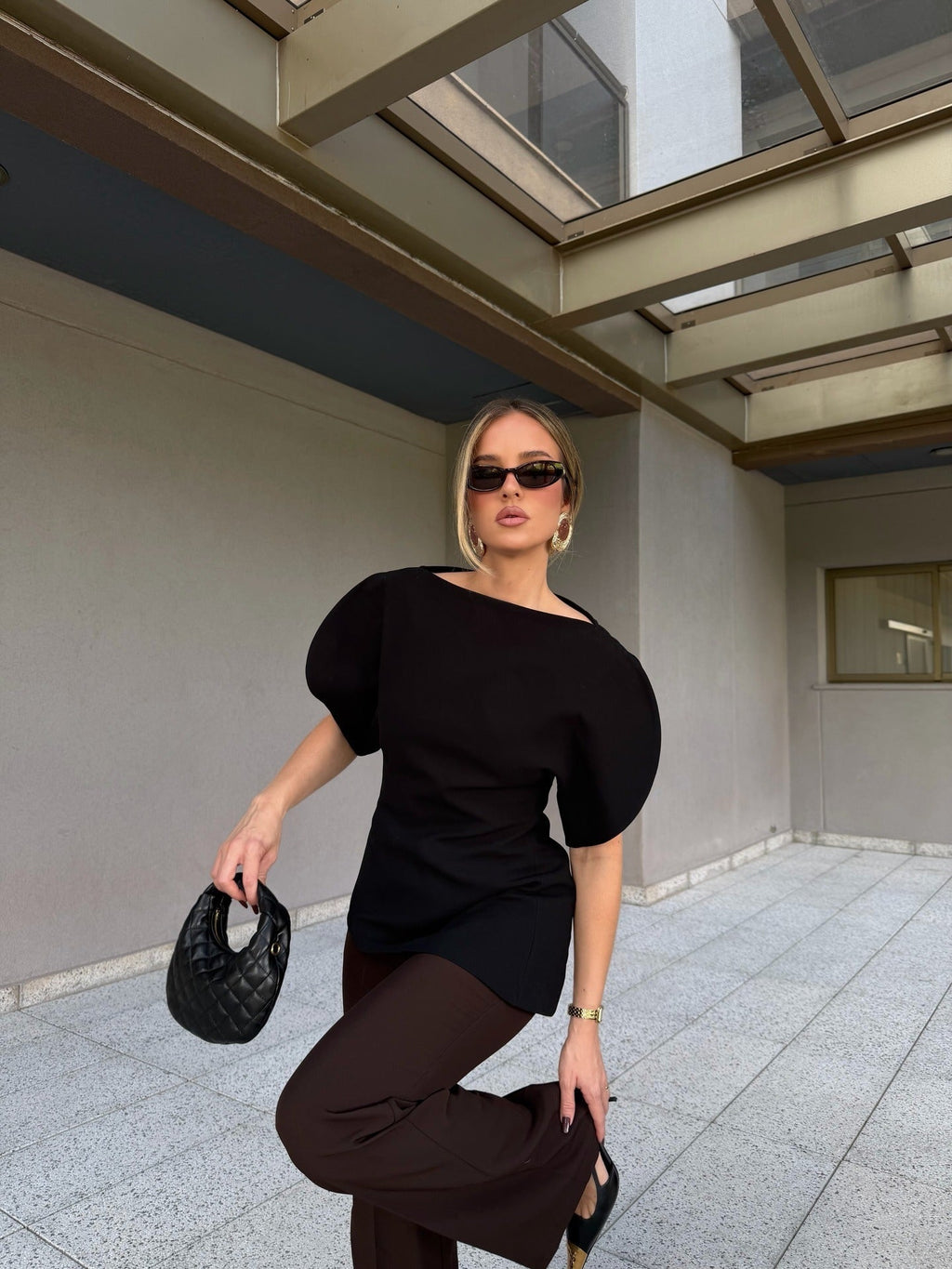 Women's Balloon Sleeve Top with Boat Neck and Fine Knit Finish - 12