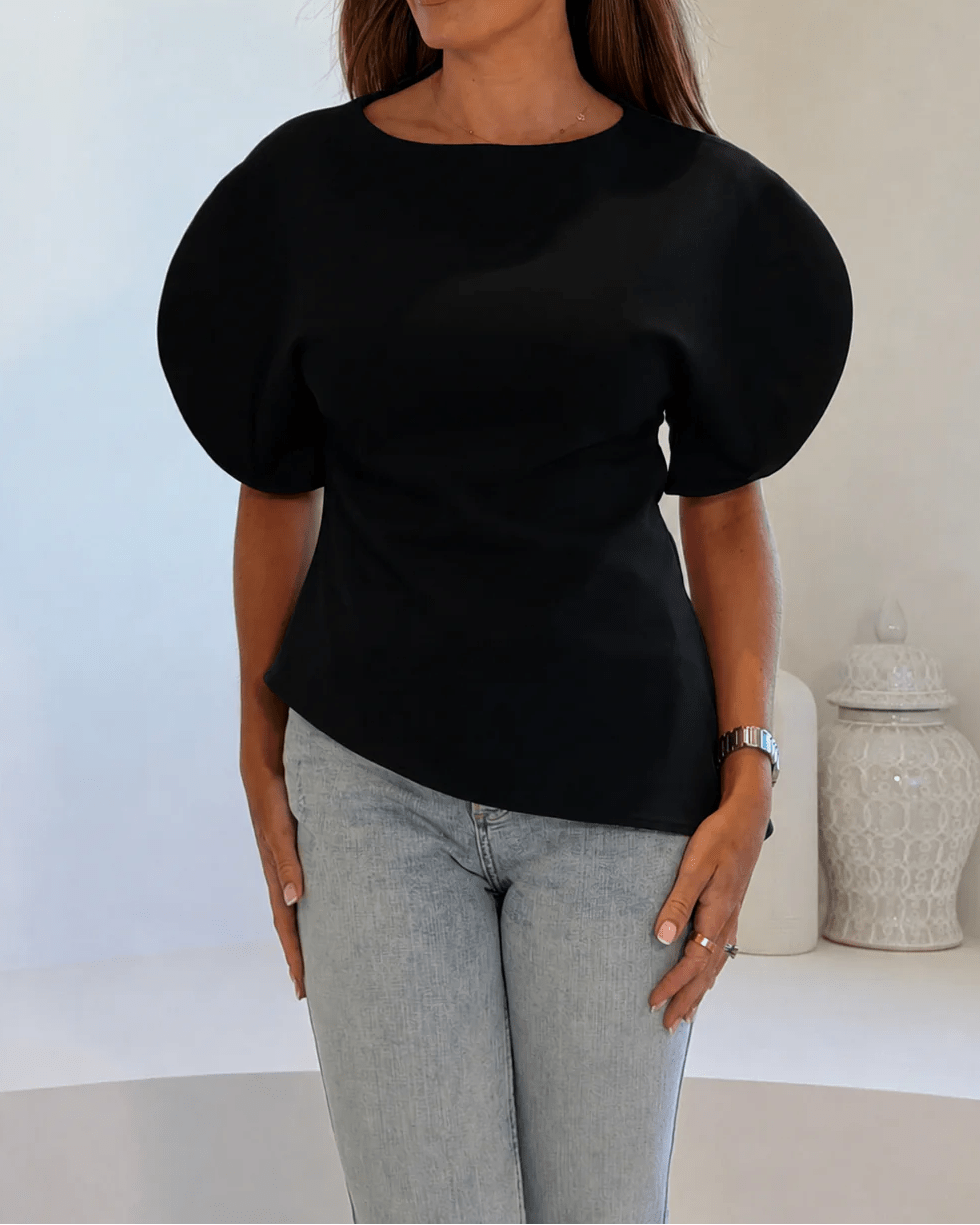 Women's Balloon Sleeve Top with Boat Neck and Fine Knit Finish - Black