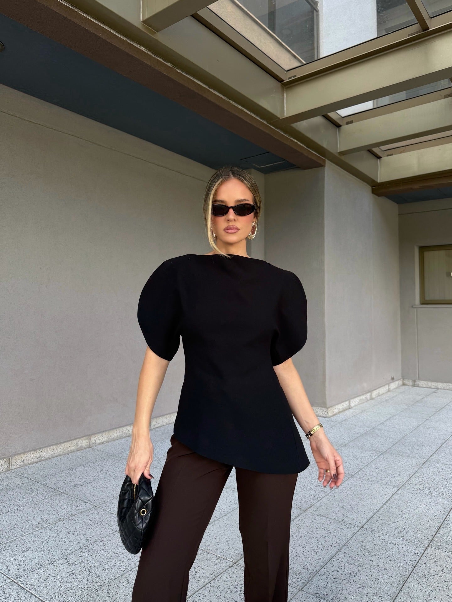 Women's Balloon Sleeve Top with Boat Neck and Fine Knit Finish - Black