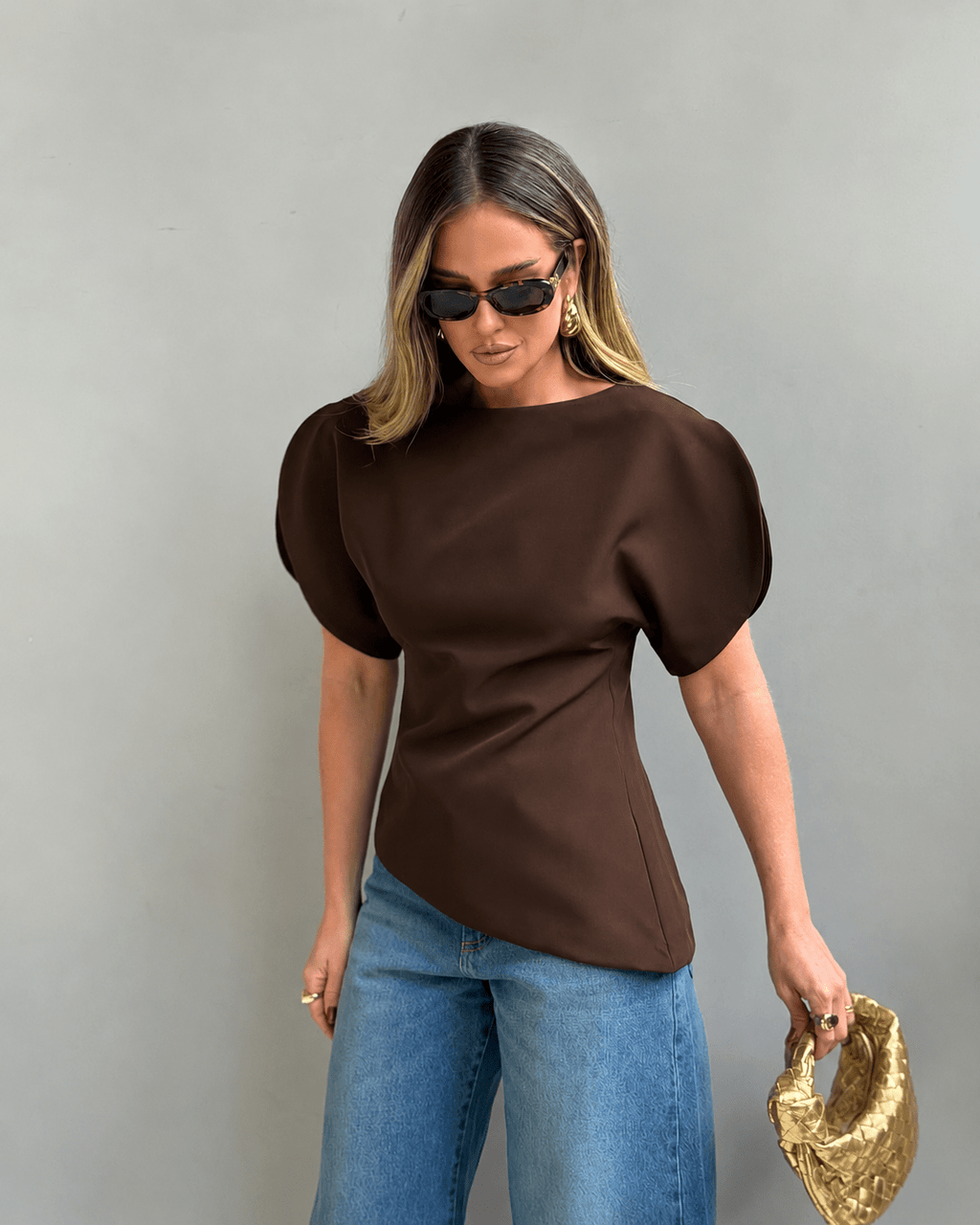 Women's Balloon Sleeve Top with Boat Neck and Fine Knit Finish - Brown