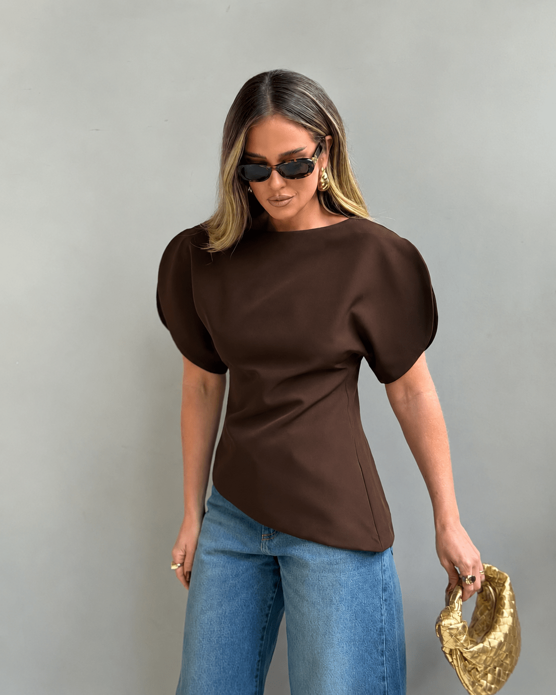Women's Balloon Sleeve Top with Boat Neck and Fine Knit Finish - Brown