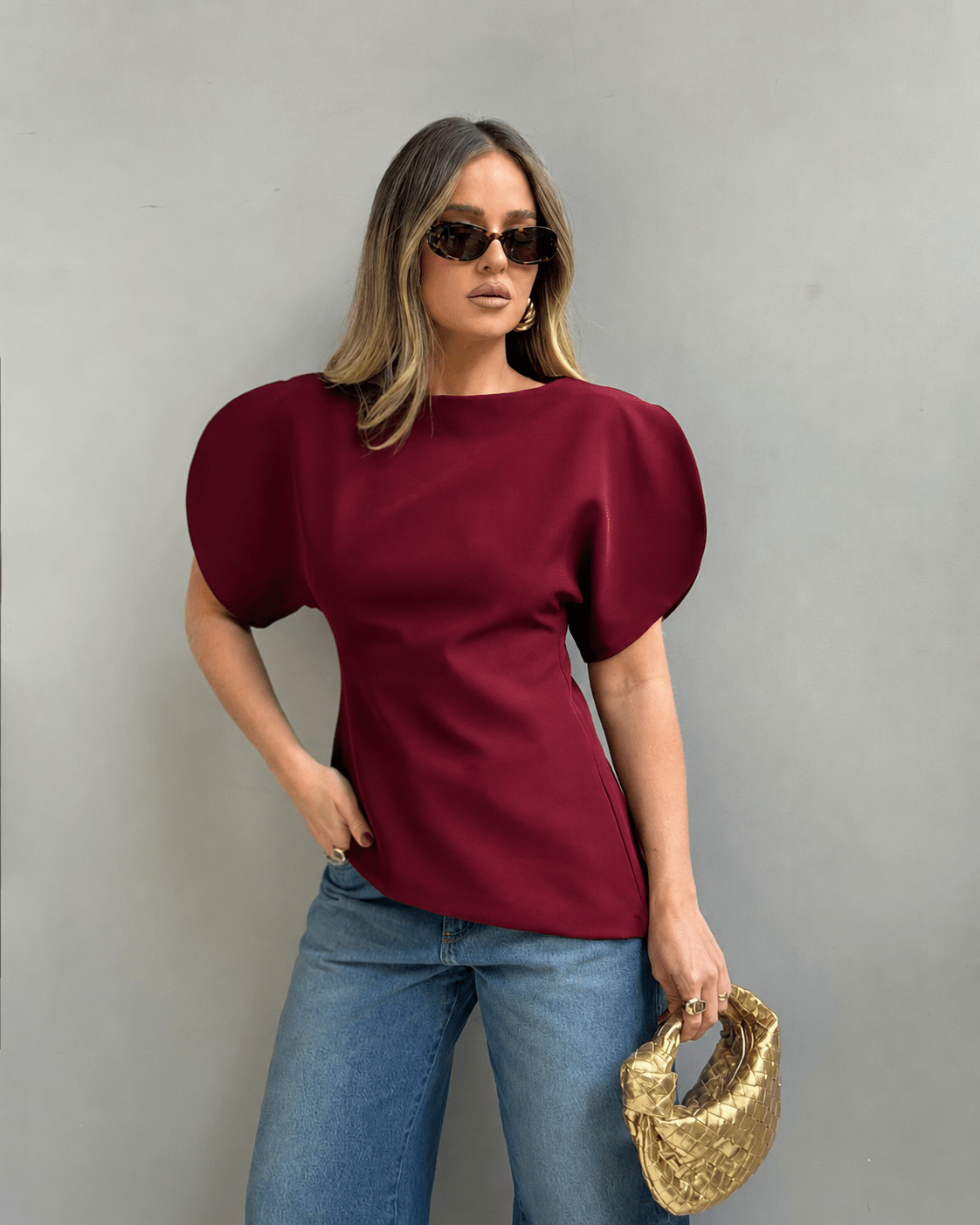 Women's Balloon Sleeve Top with Boat Neck and Fine Knit Finish - Taupe Brown