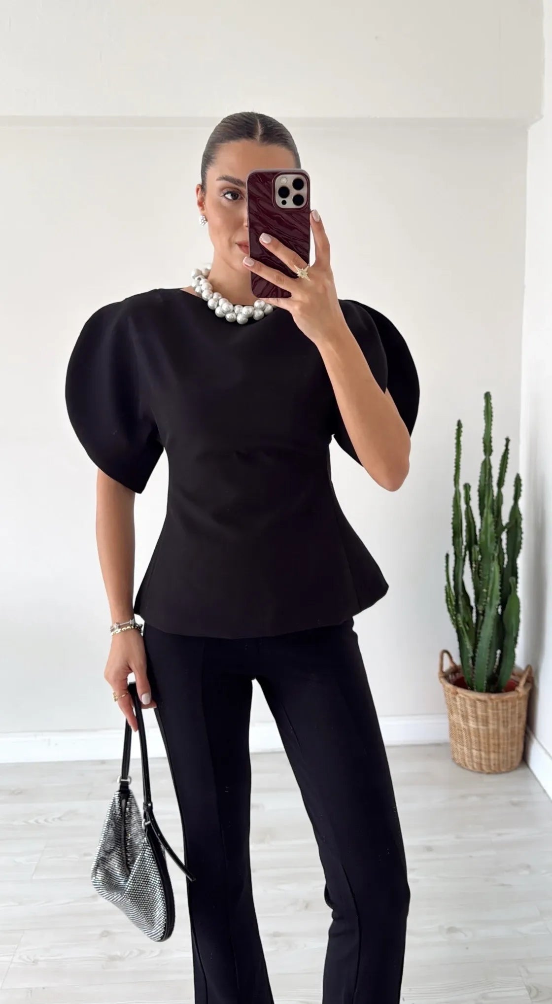 Women's Balloon Sleeve Top with Boat Neck and Fine Knit Finish - 17