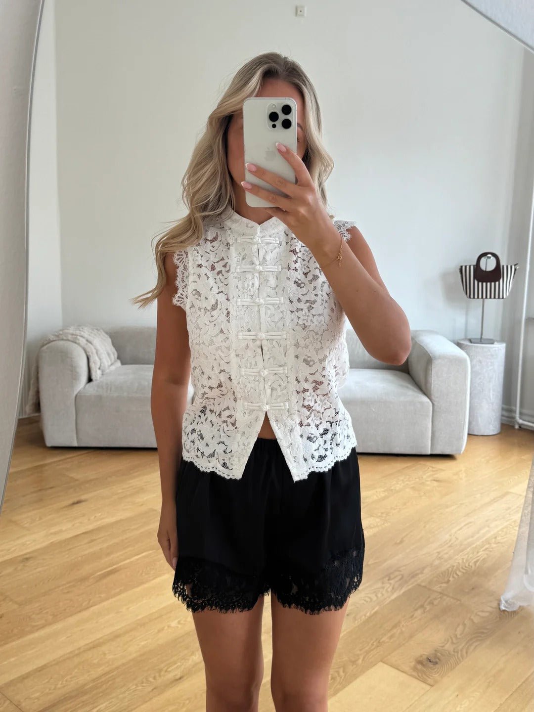 Women's Sleeveless Lace Top with Mandarin Collar - White