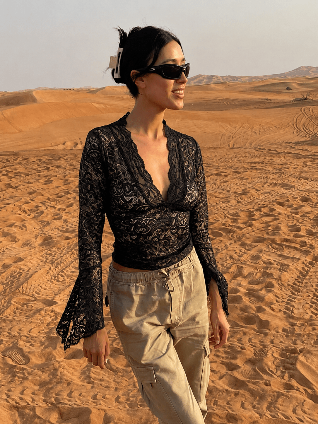 Women's Lace Top with V-Neck and Long Sleeves - Black