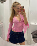 Women's Lace Top with V-Neck and Long Sleeves - Pink