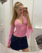 Women's Lace Top with V-Neck and Long Sleeves - Pink