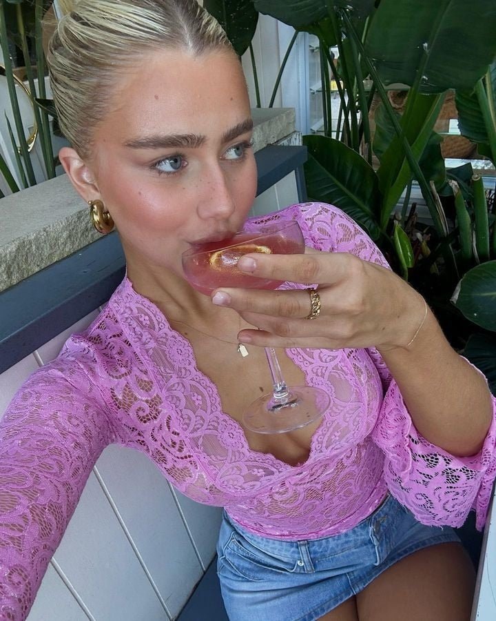 Women's Lace Top with V-Neck and Long Sleeves - Pink