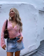 Women's Lace Top with V-Neck and Long Sleeves - 7