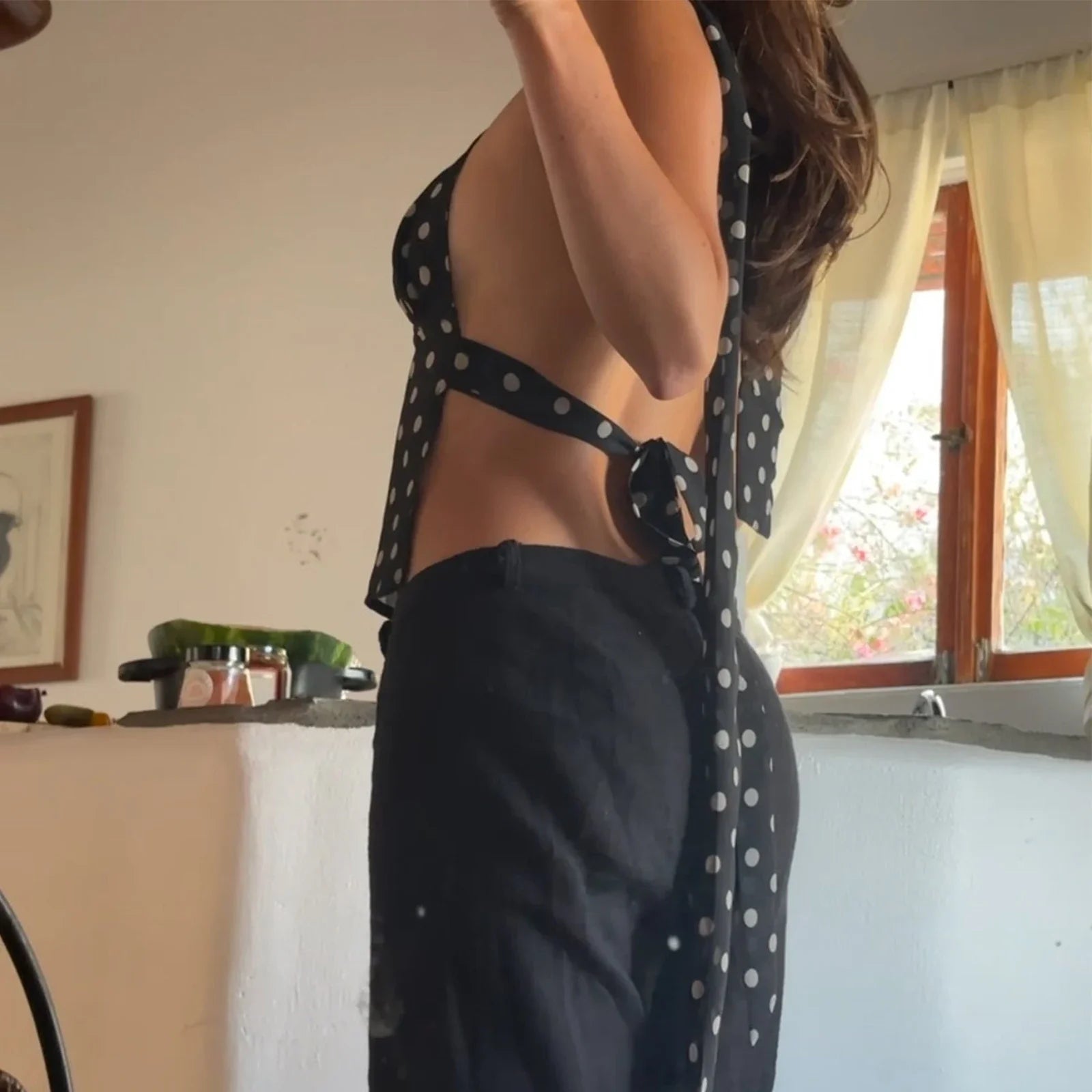 Women's Cami Top Backless with Polka Dot Print and Halter Neck - 11