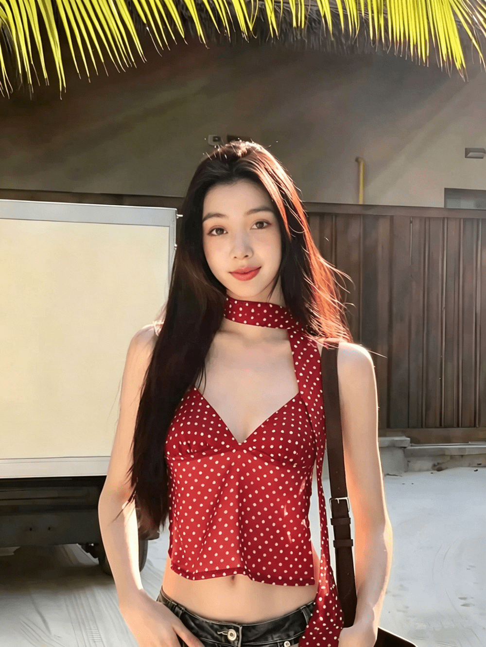 Women's Cami Top Backless with Polka Dot Print and Halter Neck - Red