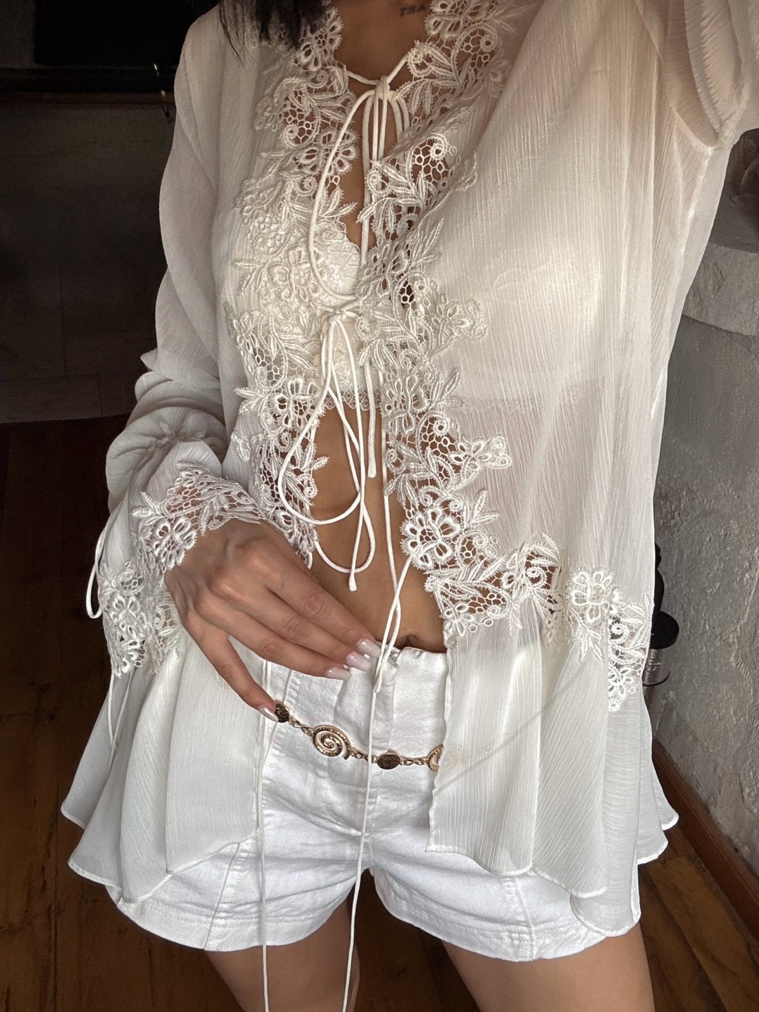 Women's Front-Tie Top with Lace Appliqué and Long Sleeves - 4
