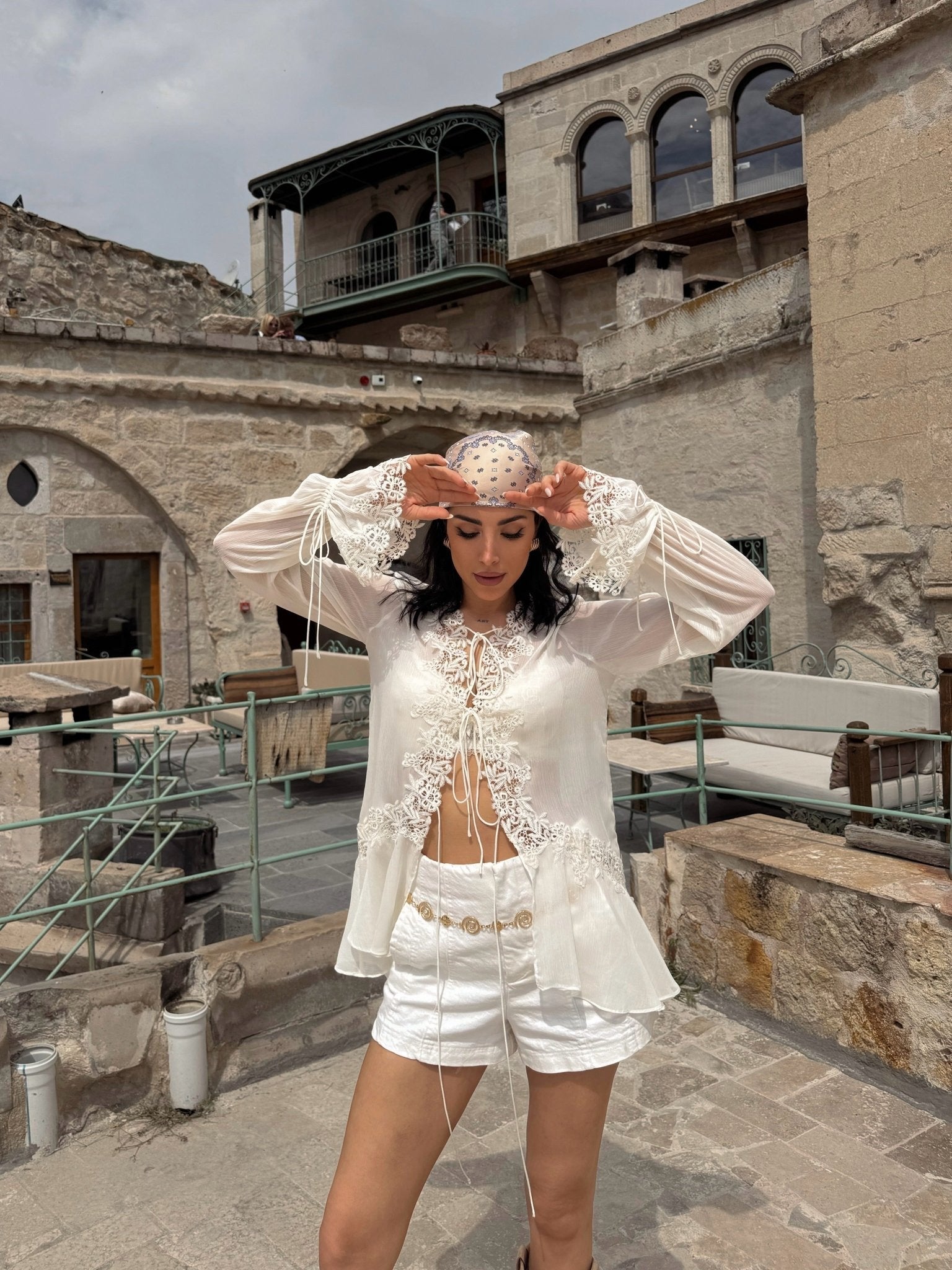 Women's Front-Tie Top with Lace Appliqué and Long Sleeves - 5