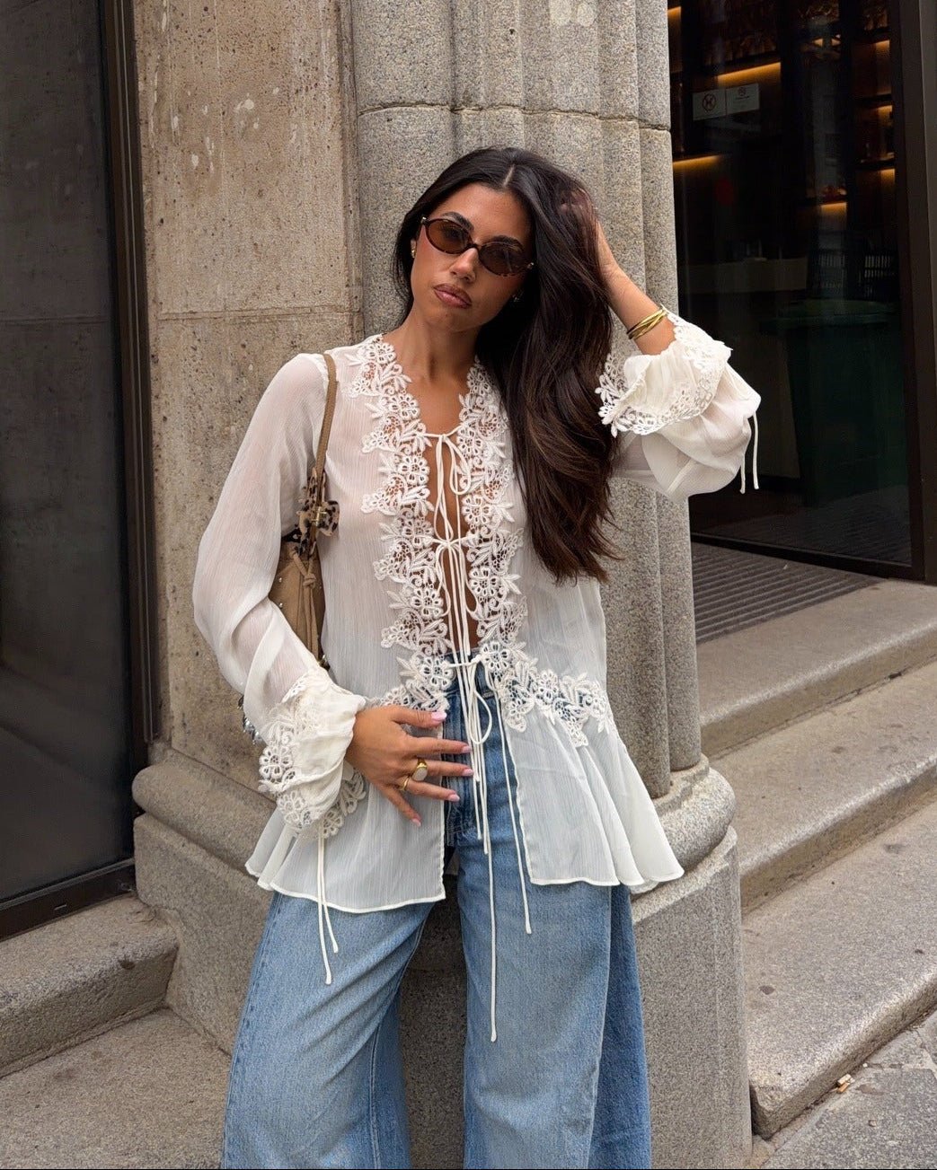 Women's Front-Tie Top with Lace Appliqué and Long Sleeves - 6