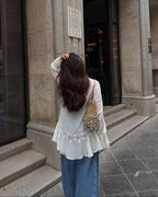 Women's Front-Tie Top with Lace Appliqué and Long Sleeves - 8